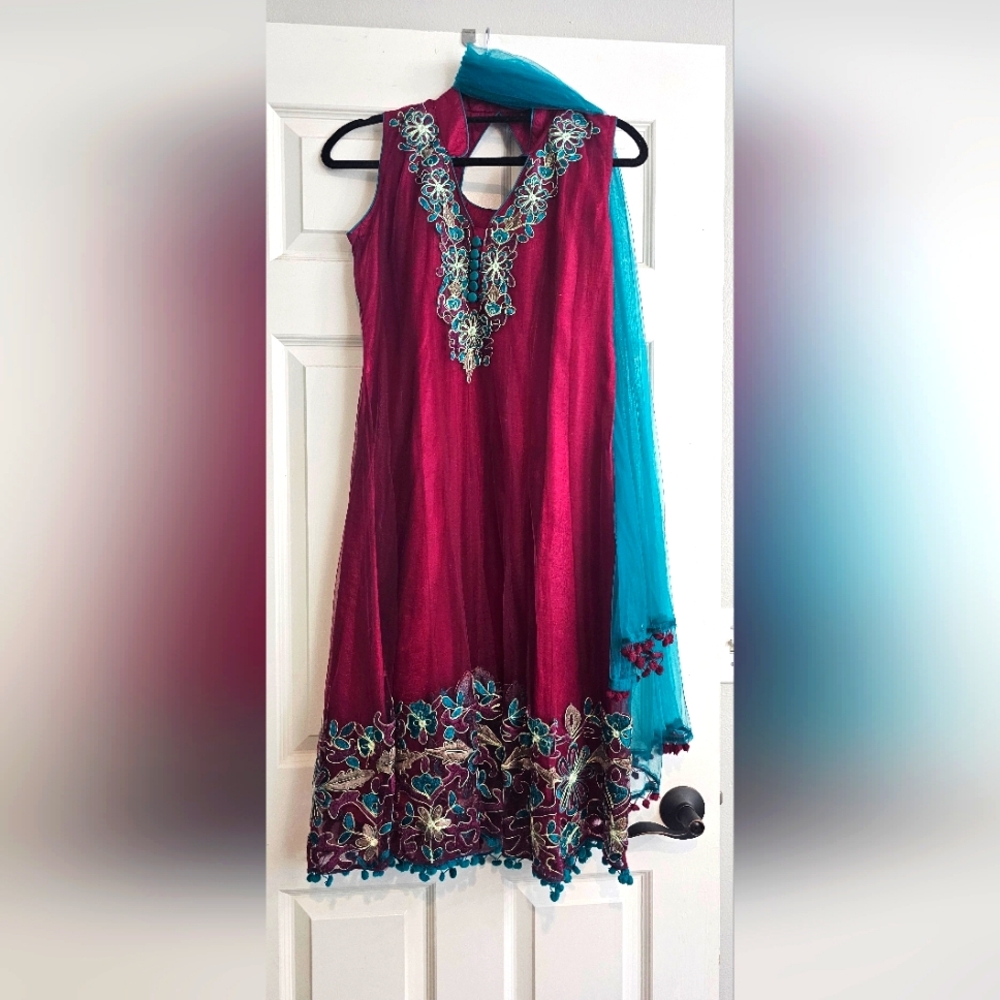 3 piece Salwar Kameez, red and green, handmade boutique